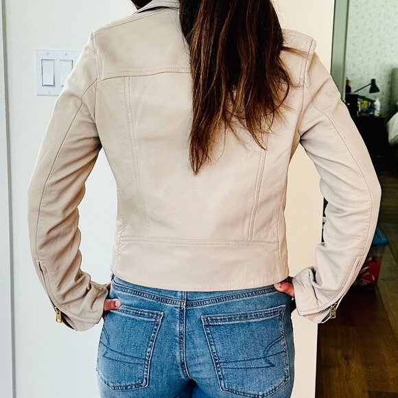 All Saints Dalby Cropped Leather Biker Jacket in Ivory White - size US 4 UK 8 - Picture 3 of 7
